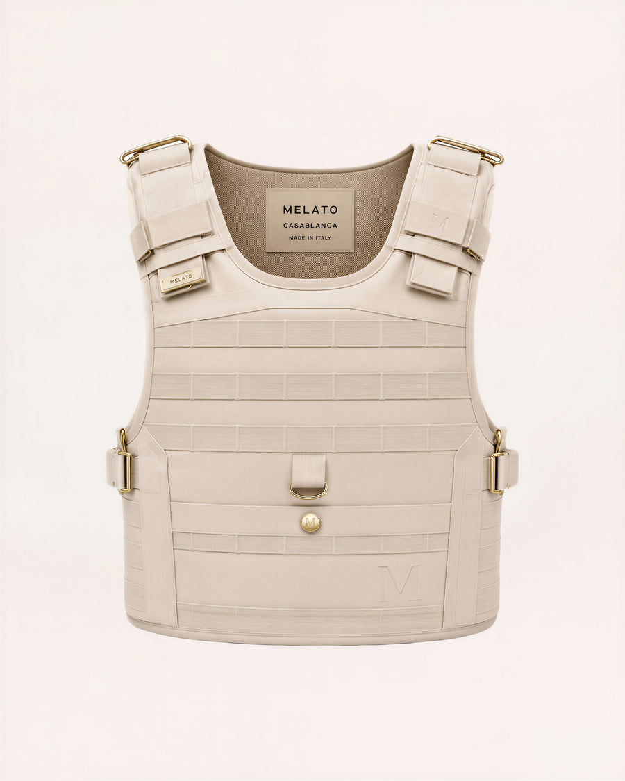 Protective Custody Vest in Casefile Sand with structured shoulder hardware, attachment channels and curved utility shell