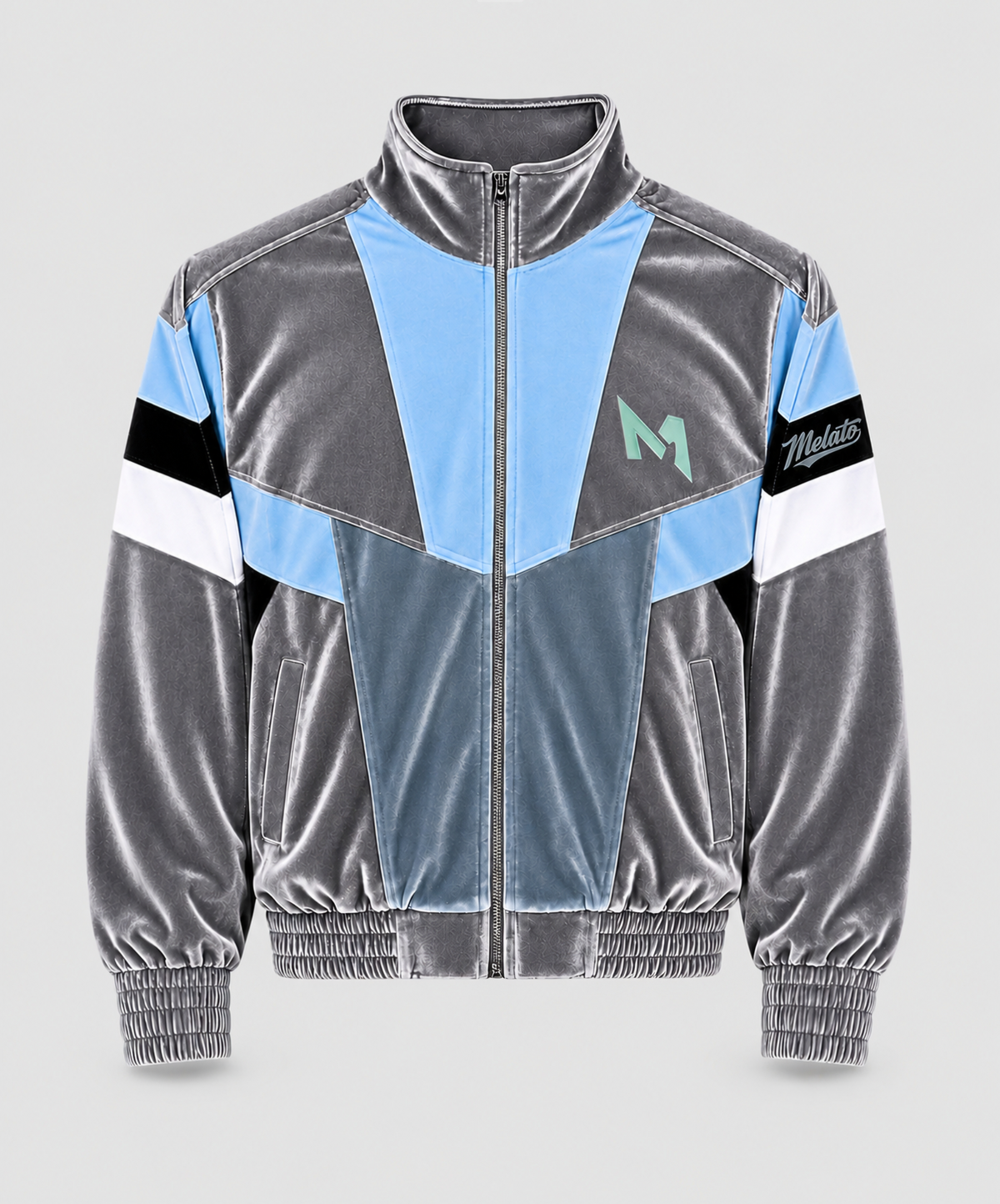 Melato Chū Velour Track Jacket — grey blue geometric colorblock premium streetwear