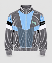 Melato Chū Velour Track Jacket — grey blue geometric colorblock premium streetwear