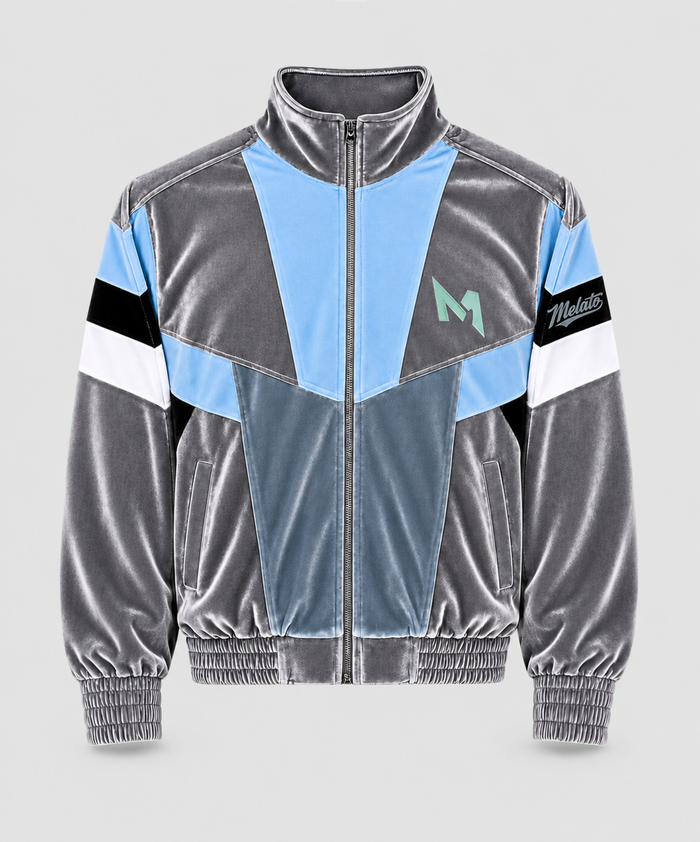 Melato Chū Velour Track Jacket — grey blue geometric colorblock premium streetwear
