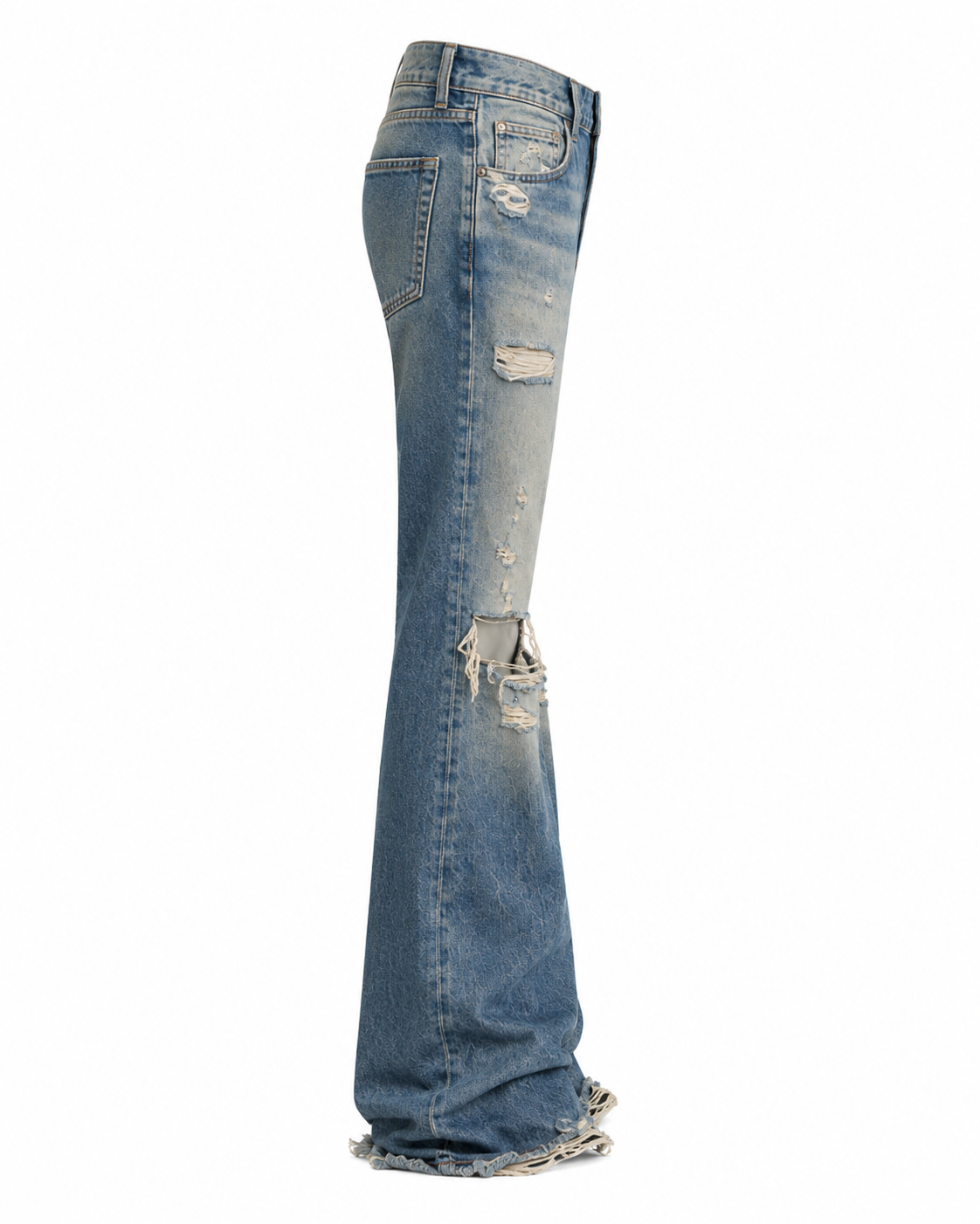Melato Hendrix Distressed Flare Jean side view — flare denim streetwear