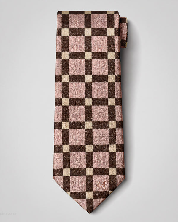 Melato Rosewood Checkerboard Tie in dusty blush and espresso check, front view