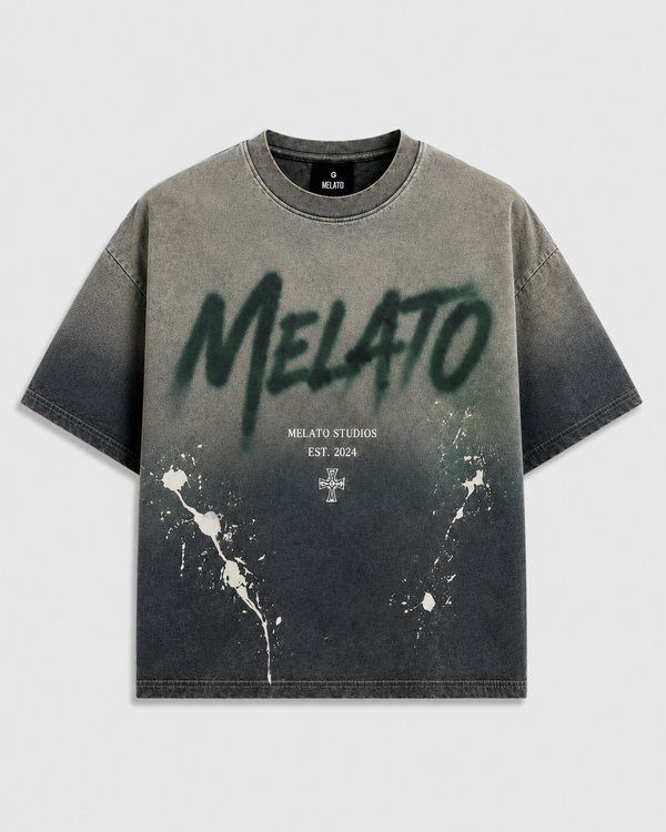 Melato Smoke Signal Spray Tee in washed black with spray graphic, front view