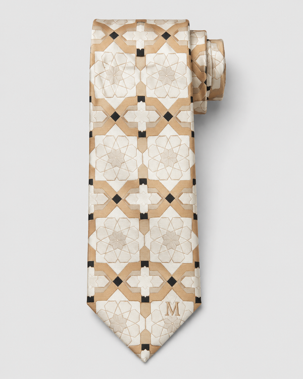 Melato Sunlit Atrium Geometric Tie in gold and ivory lattice pattern, front view