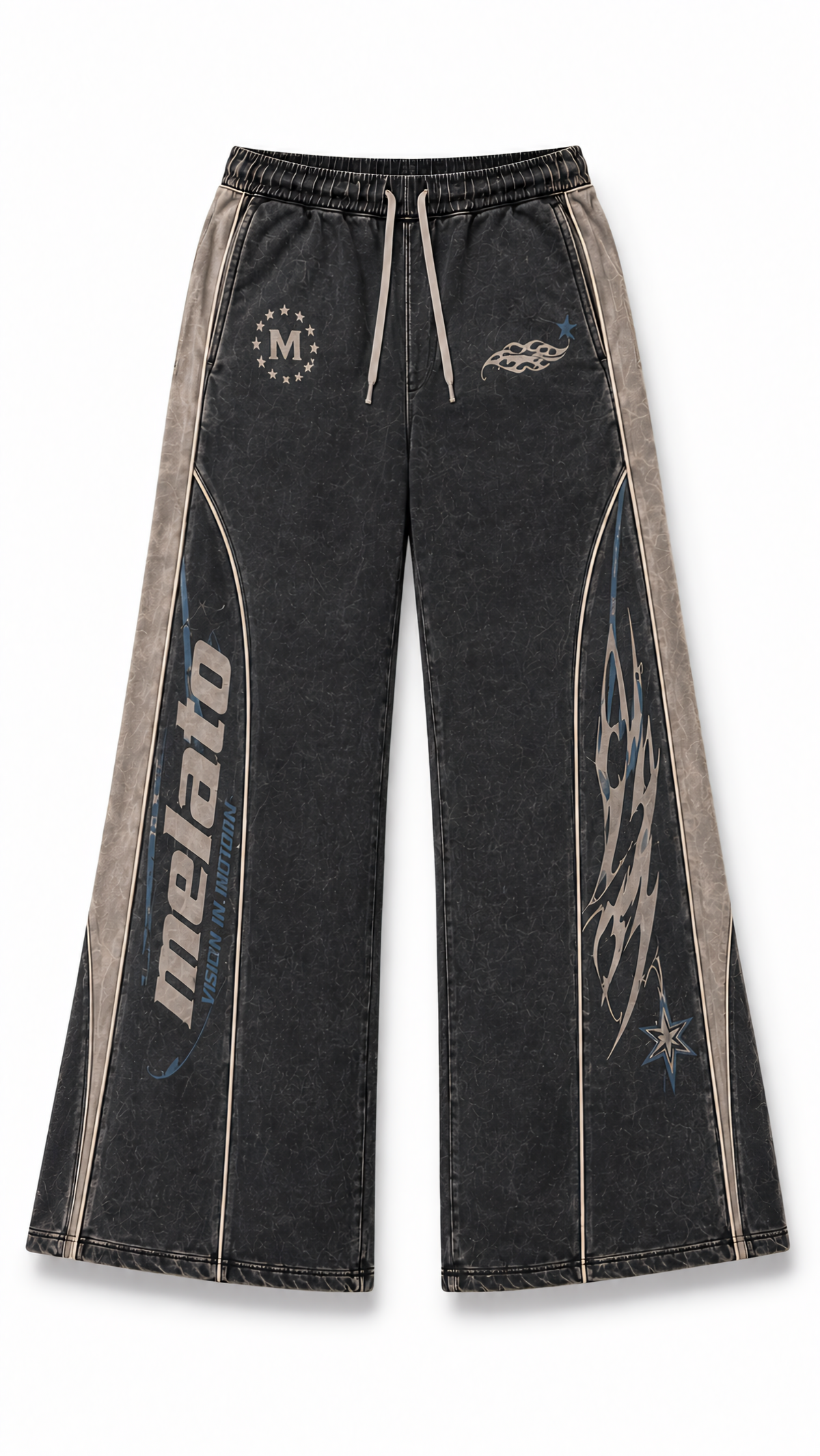 Melato Vision Moto Flare Pants in washed black with flame leg graphics, front view