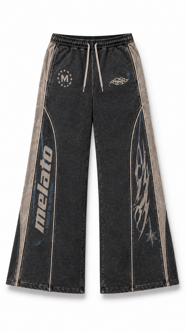Melato Vision Moto Flare Pants in washed black with flame leg graphics, front view