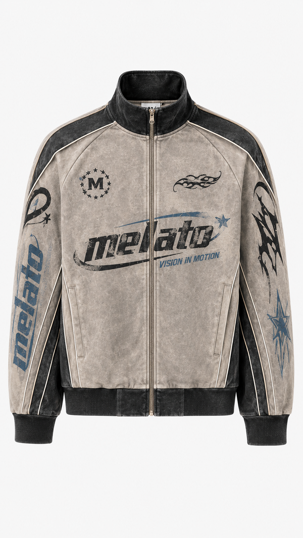 Melato Vision Moto Jacket in washed black with oversized chest artwork, front view